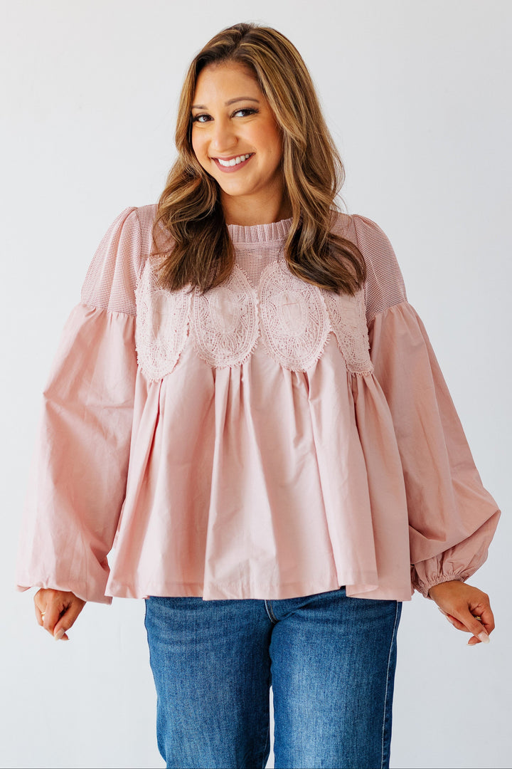 MAUVE LACE APPLIQUE MIXED MEDIA BLOUSE