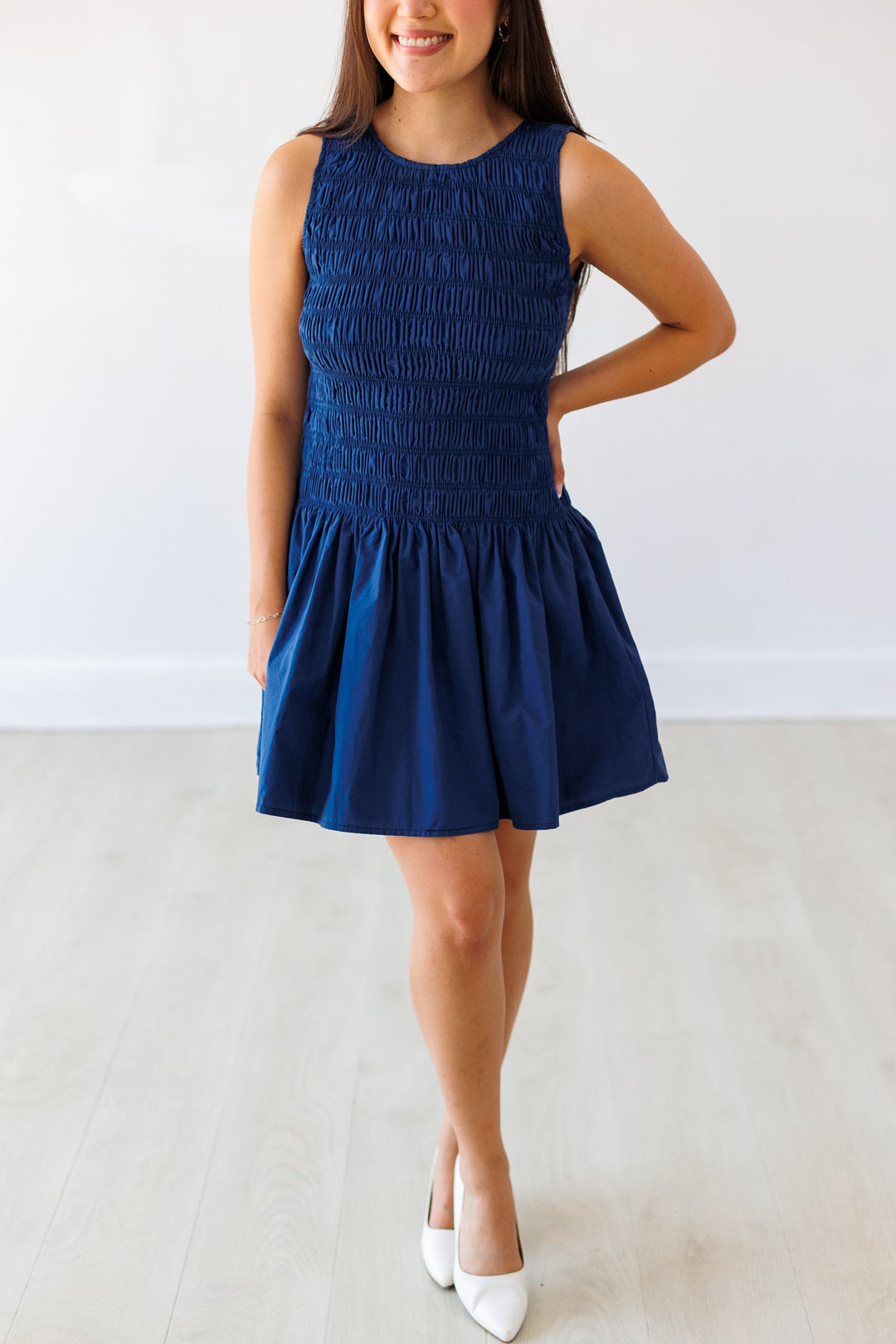 DUSTY NAVY SMOCKED MINI DRESS