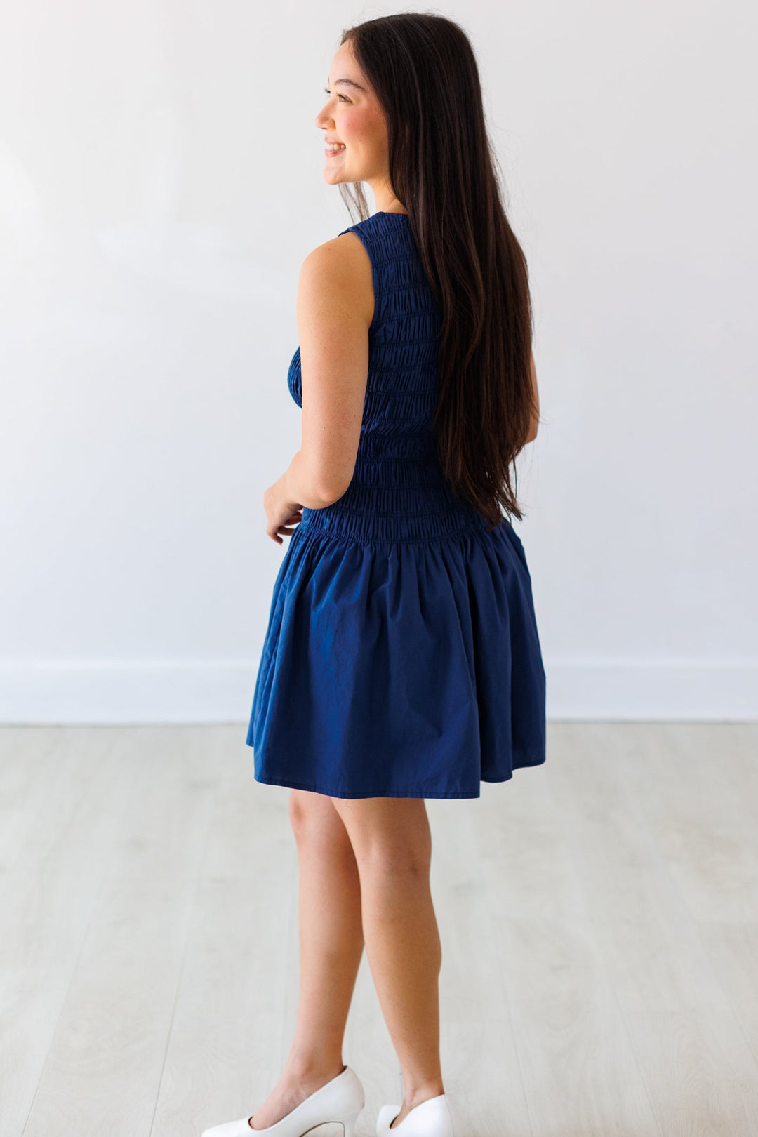 DUSTY NAVY SMOCKED MINI DRESS