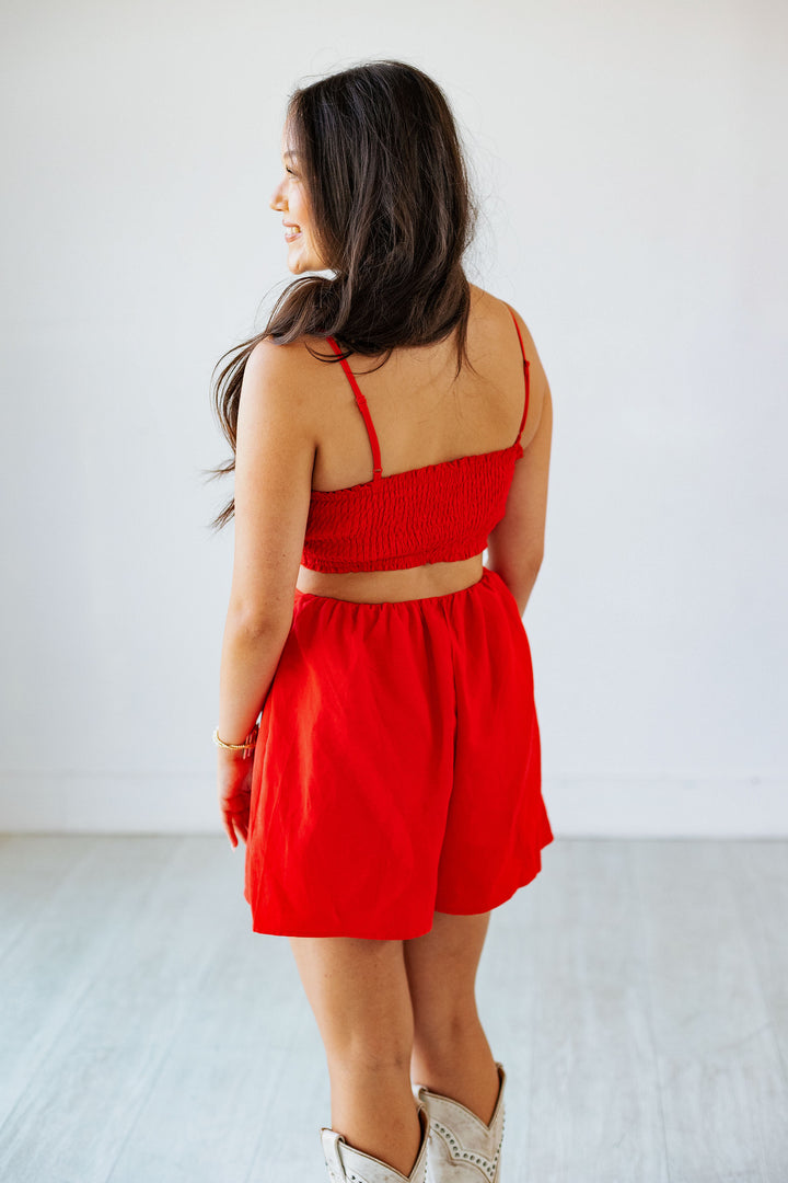 RED FLOWER TOP CUT OUT ROMPER