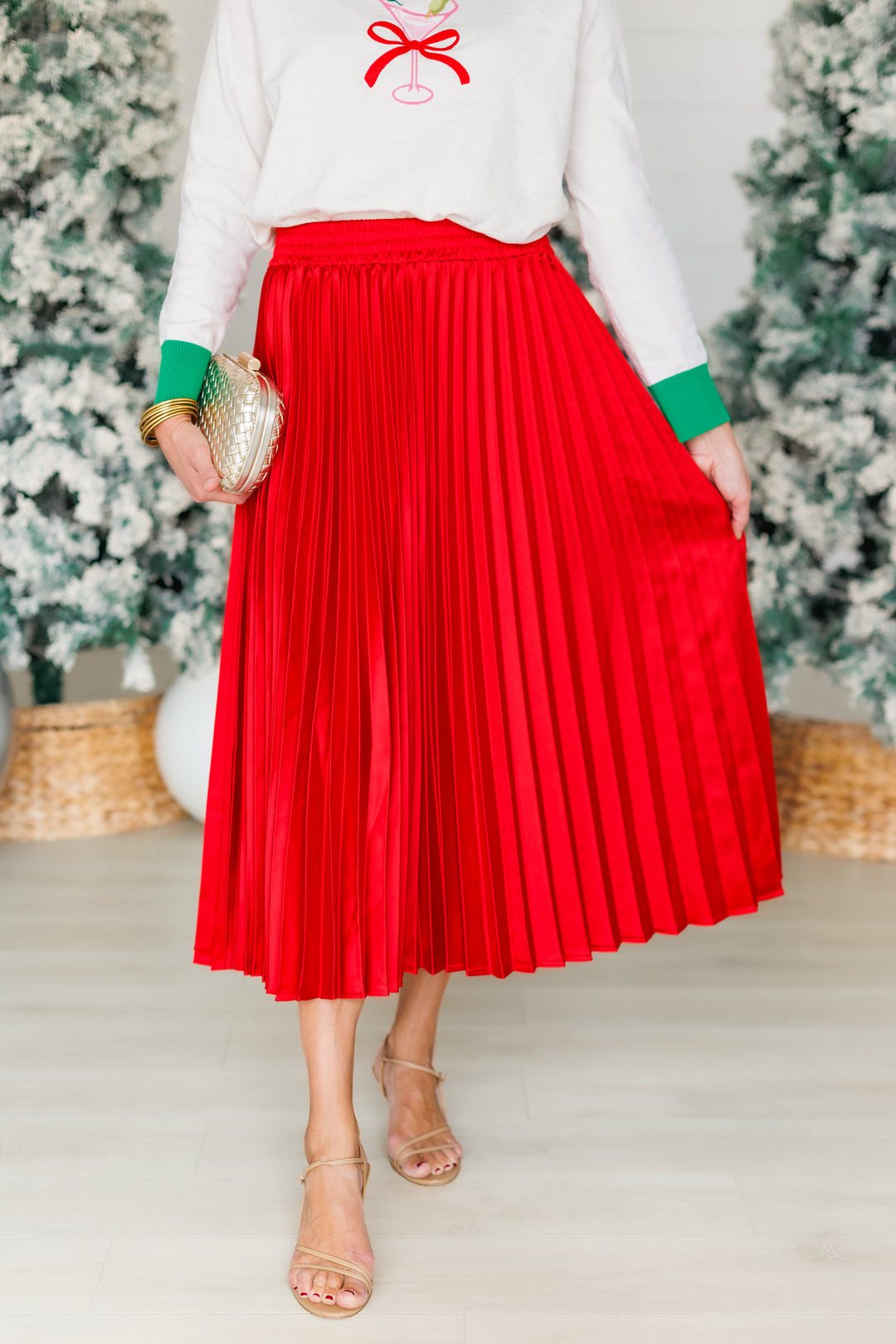 CARDINAL RED SATIN PLEATED MIDI SKIRT FRONT VIEW