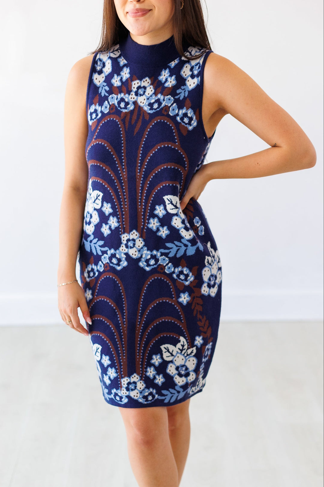 NAVY FLORAL PRINT SLEEVELESS KNIT DRESS