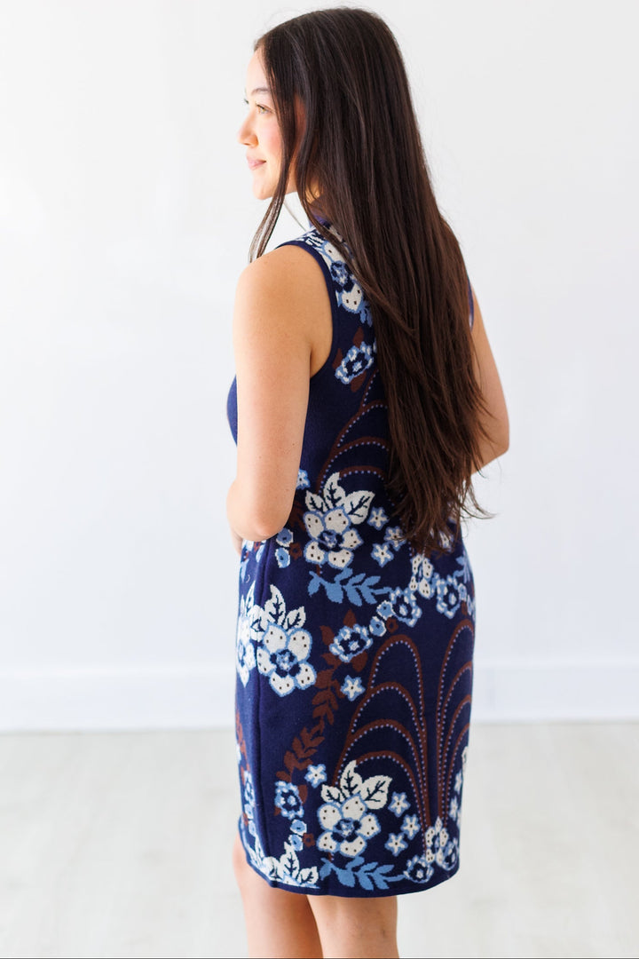 NAVY FLORAL PRINT SLEEVELESS KNIT DRESS