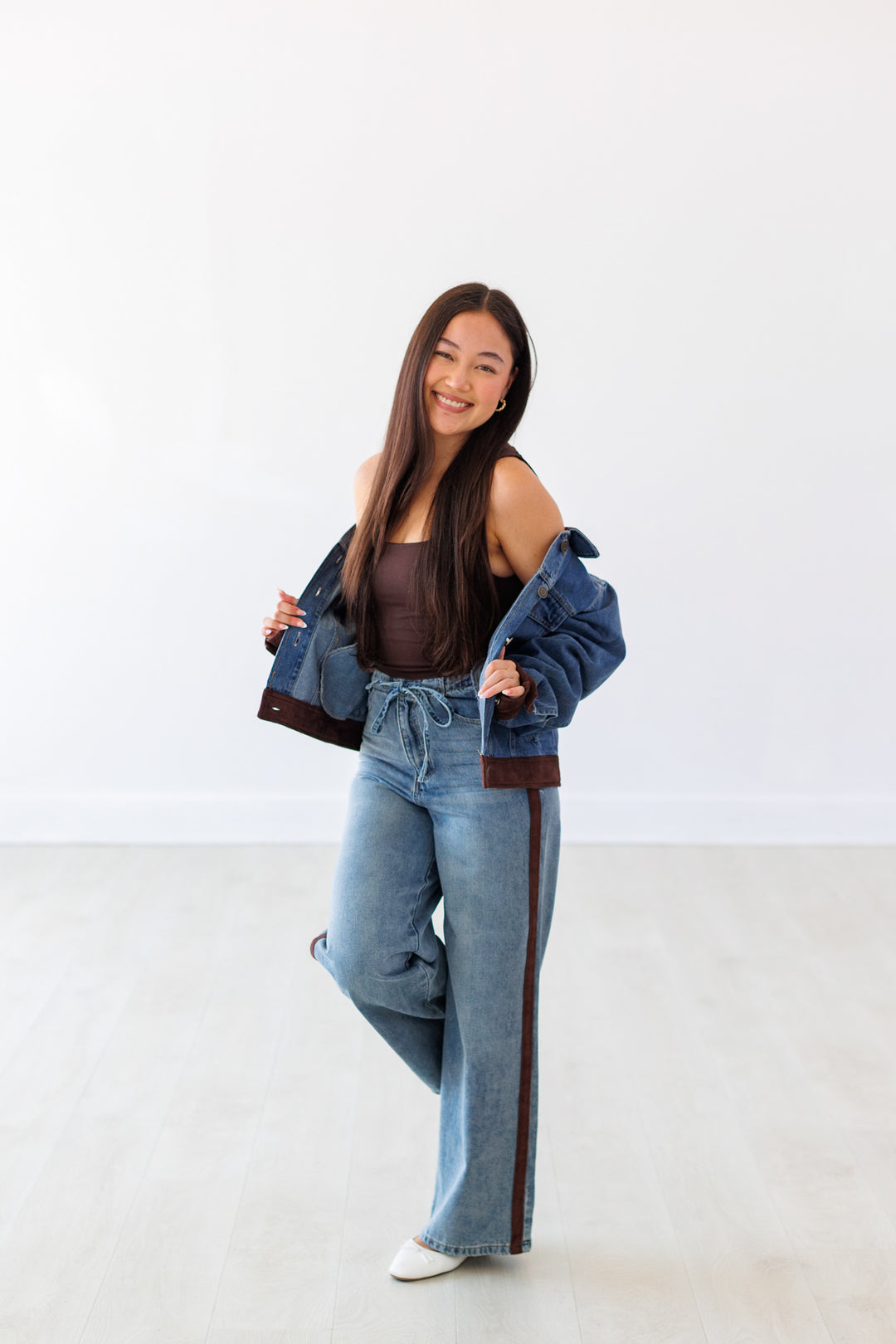 WASHED DENIM PANTS WITH SUEDE DETAIL