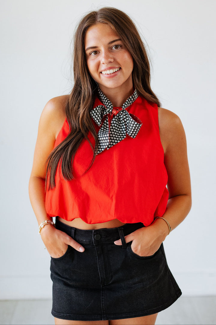RED POPLIN BUBBLE HEM TOP