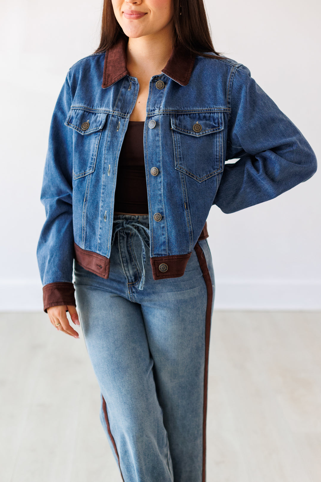 FAUX SUEDE CONTRAST DENIM JACKET