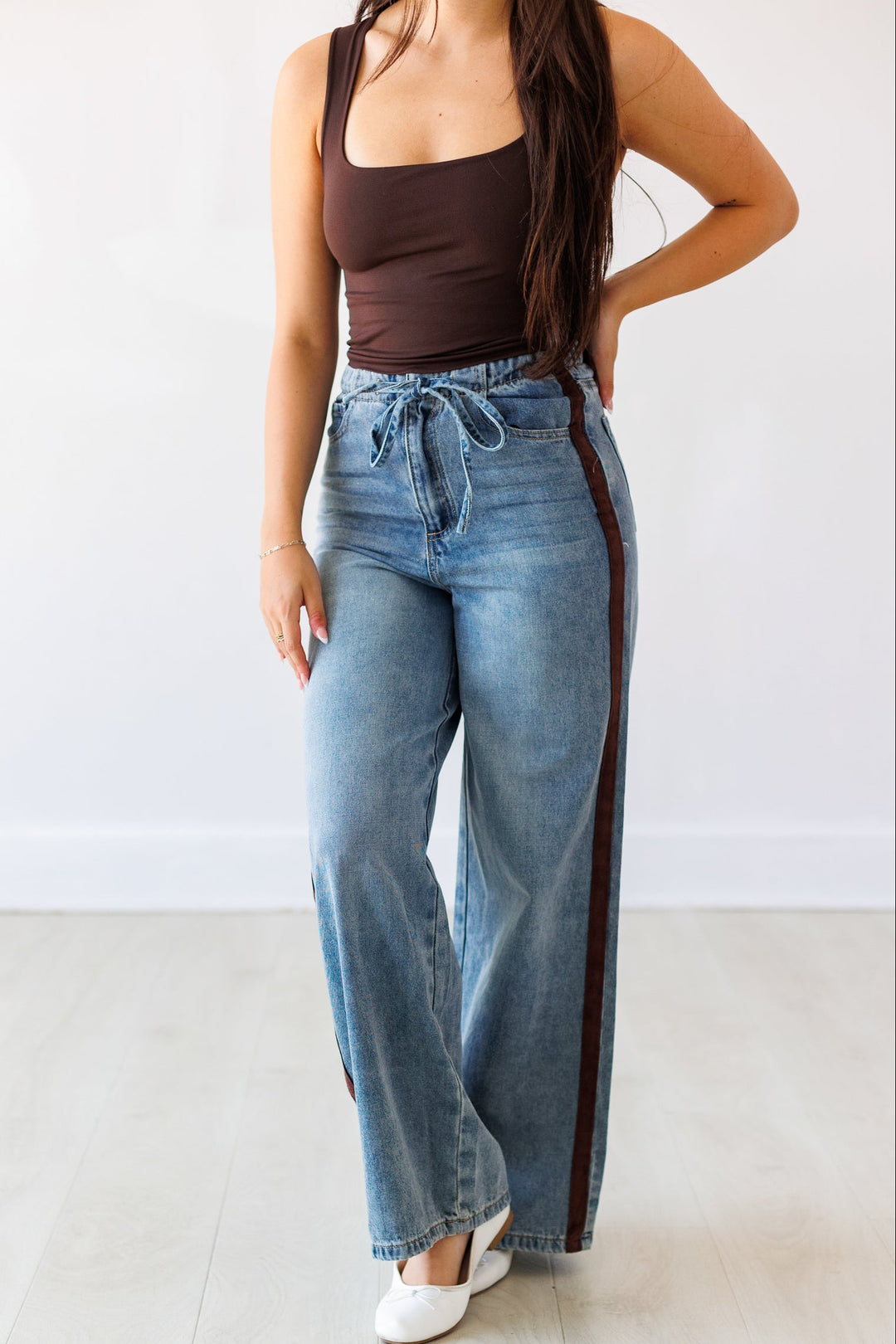 WASHED DENIM PANTS WITH SUEDE DETAIL