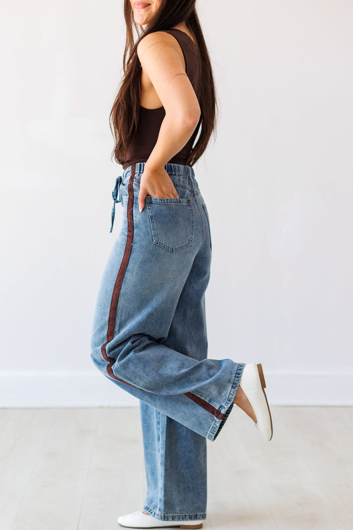 WASHED DENIM PANTS WITH SUEDE DETAIL