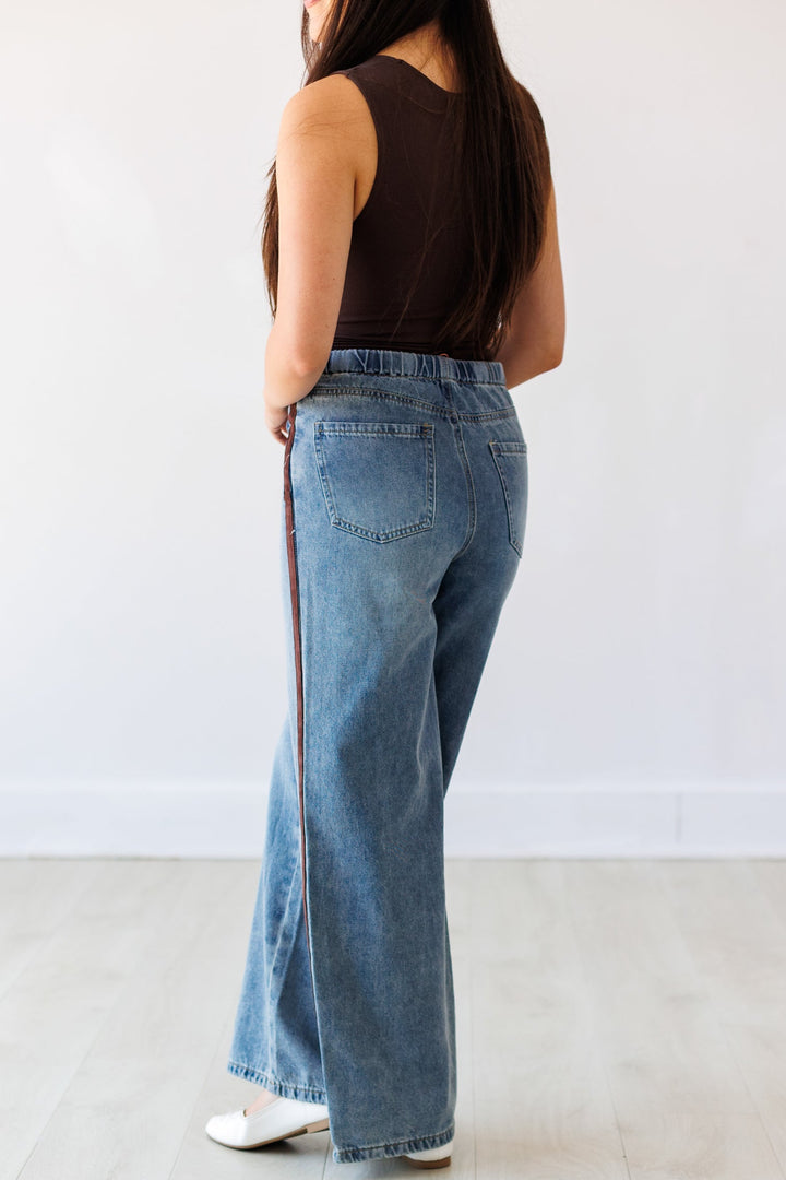 WASHED DENIM PANTS WITH SUEDE DETAIL