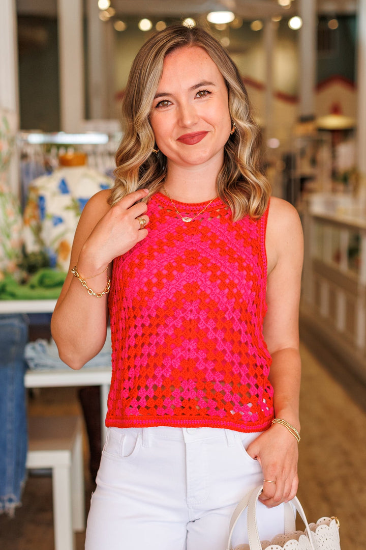 RED &amp; PINK CHECKERED CROCHET TOP