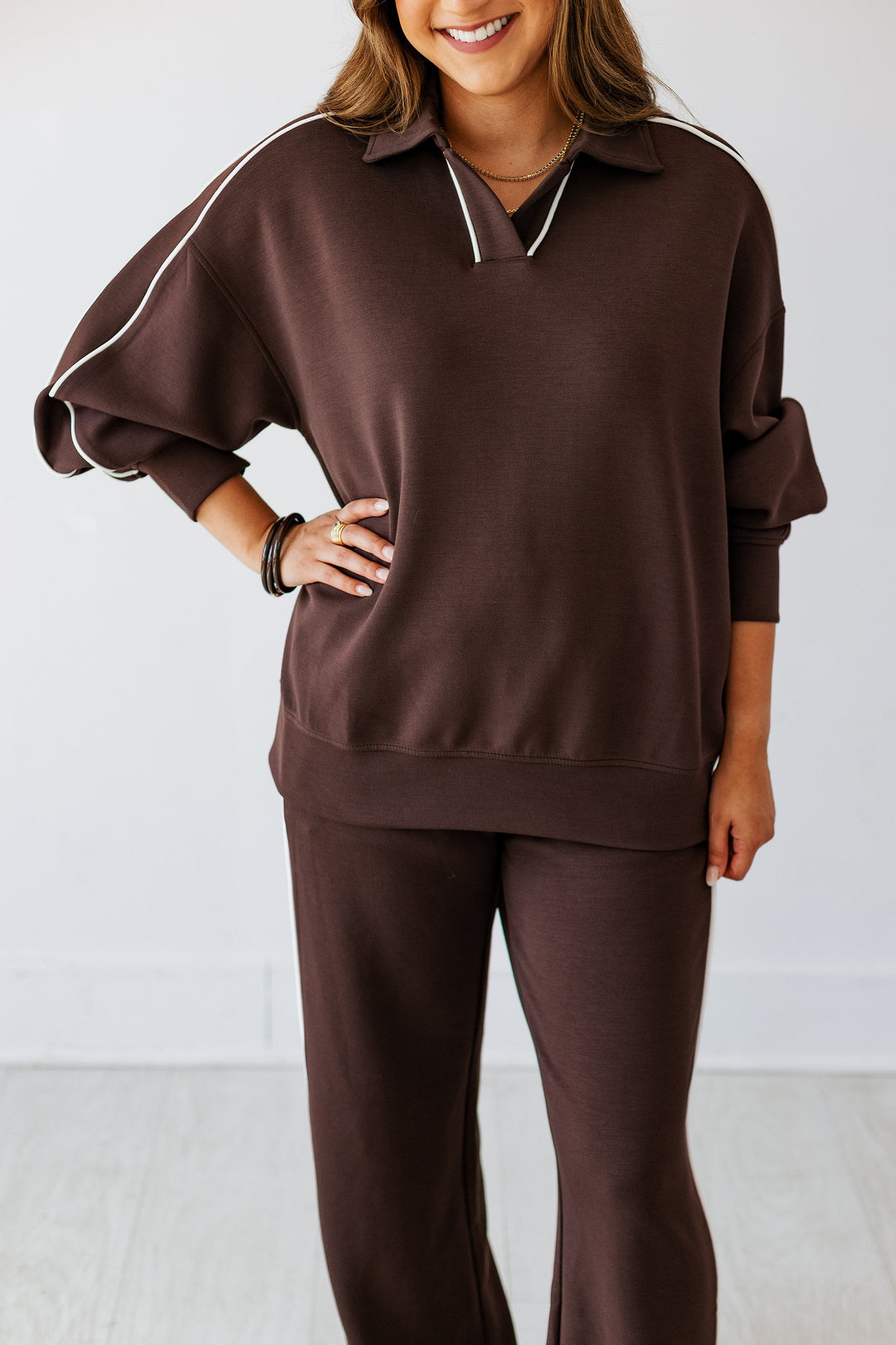 ESPRESSO PIPED POLO LONGSLEEVE TOP