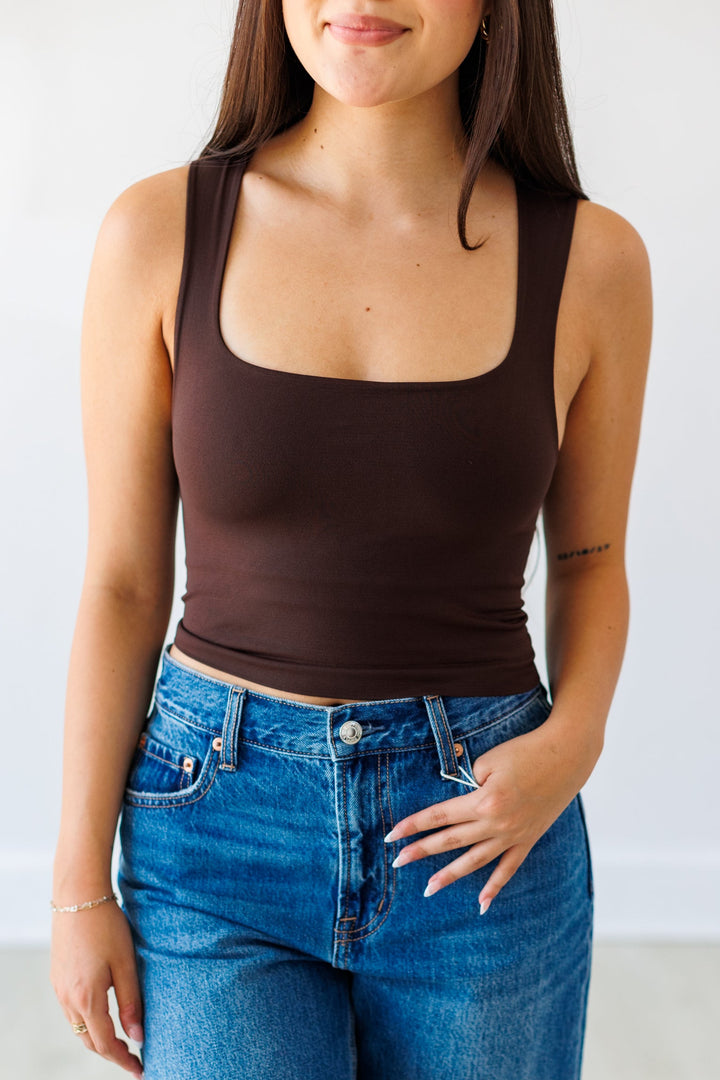 NIKIBIKI: SMOOTH SQUARE NECK TOP-CHOCOLATE
