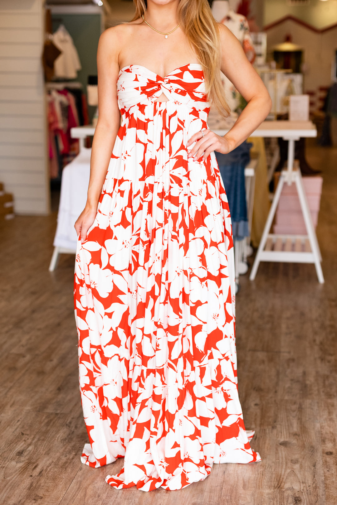 ROSY RED FLORAL STRAPLESS MAXI DRESS