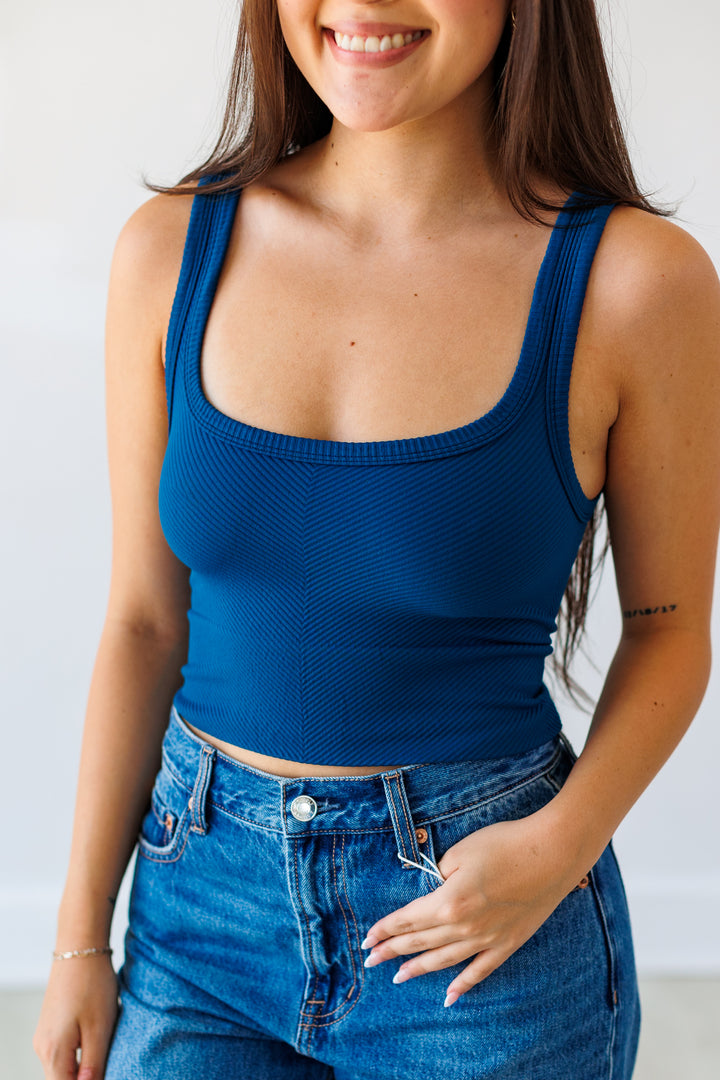 NIKIBIKI: CHEVRON SCOOP KNIT TANK-DEEP SEA BLUE