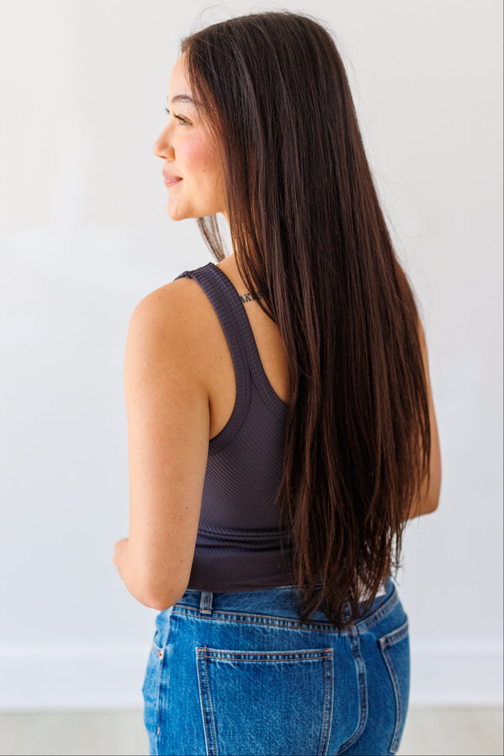 NIKIBIKI: CHEVRON SCOOP KNIT TANK- GUNMETAL