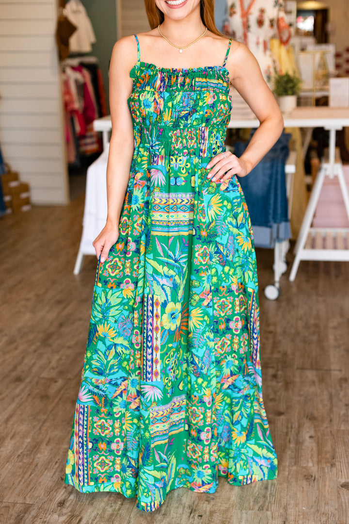 GARDEN GREEN GATHERED BODICE MAXI DRESS
