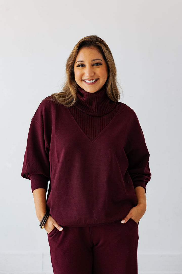 SCUBA LUXE TURTLENECK SWEATSHIRT- DARK CHERRY