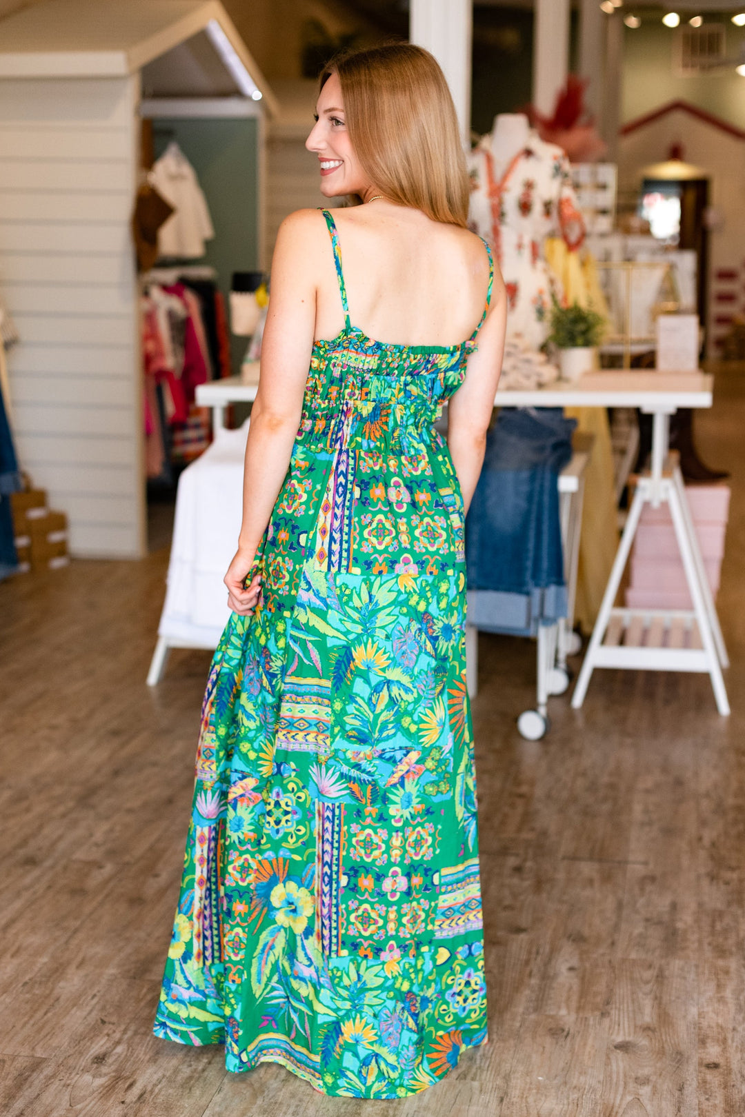 GARDEN GREEN GATHERED BODICE MAXI DRESS