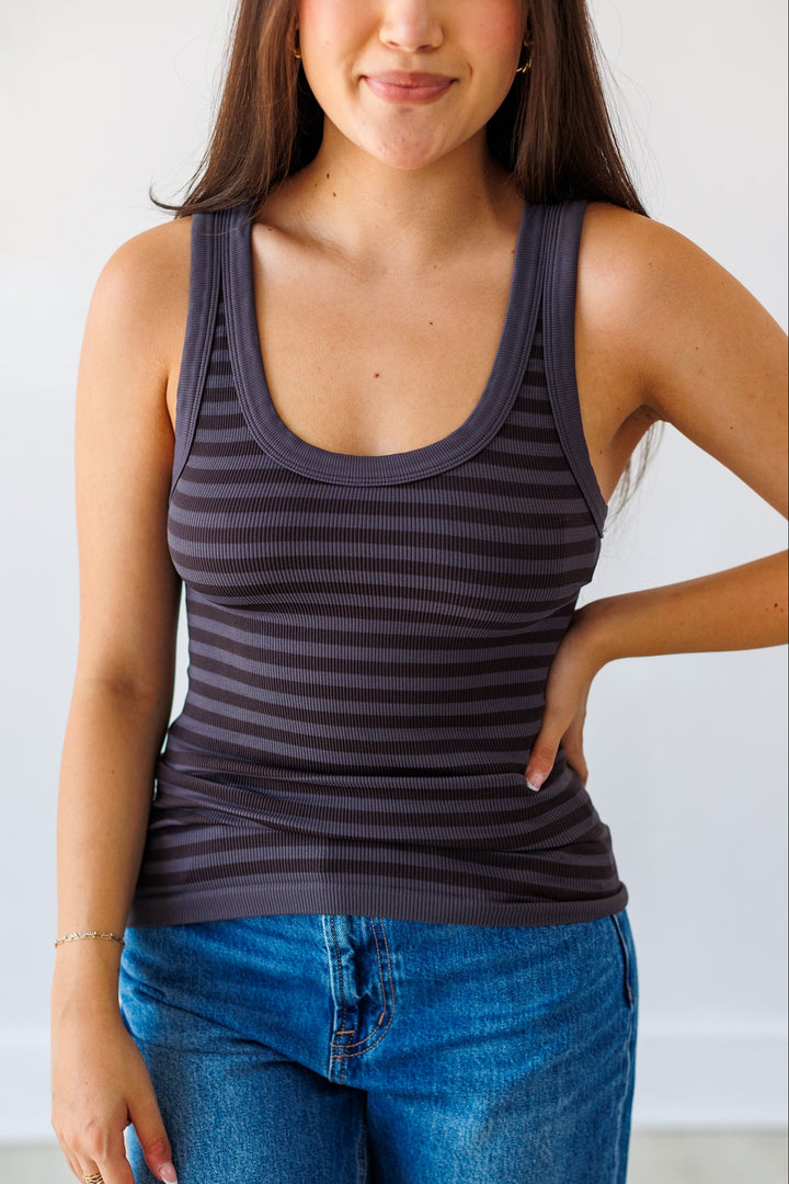 NIKIBIKI: REVERSIBLE STRIPED TANK TOP- GUNMETAL