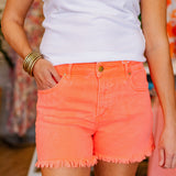 CORAL FRAY HEM DENIM SHORT