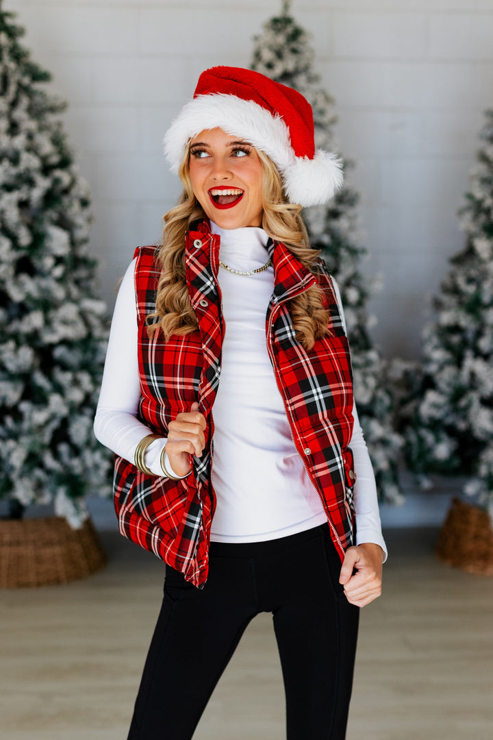 RED PLAID PUFFER VEST