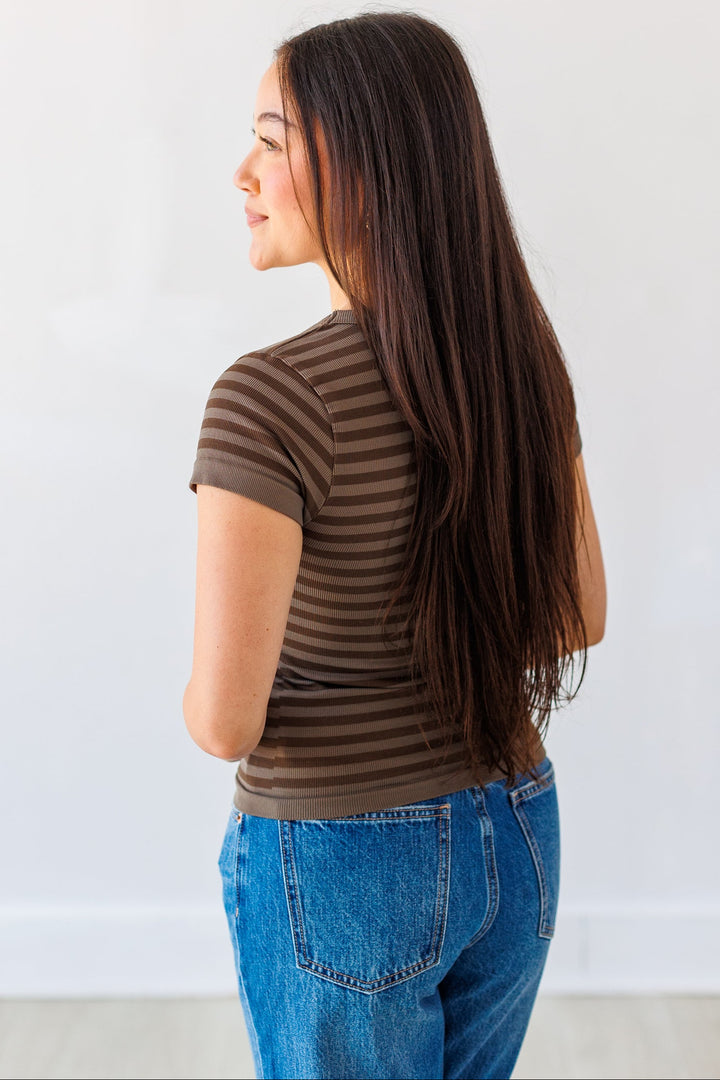 NIKIBIKI: STRIPED SCOOP NECK TOP- EARTH OLIVE