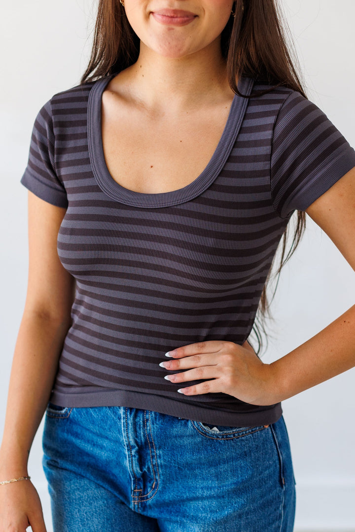 NIKIBIKI: STRIPED SCOOP NECK TOP- GUNMETAL