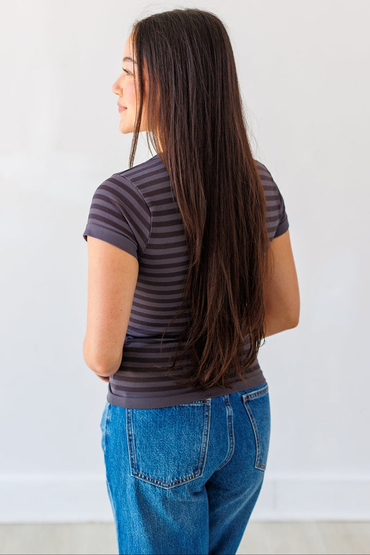 NIKIBIKI: STRIPED SCOOP NECK TOP- GUNMETAL