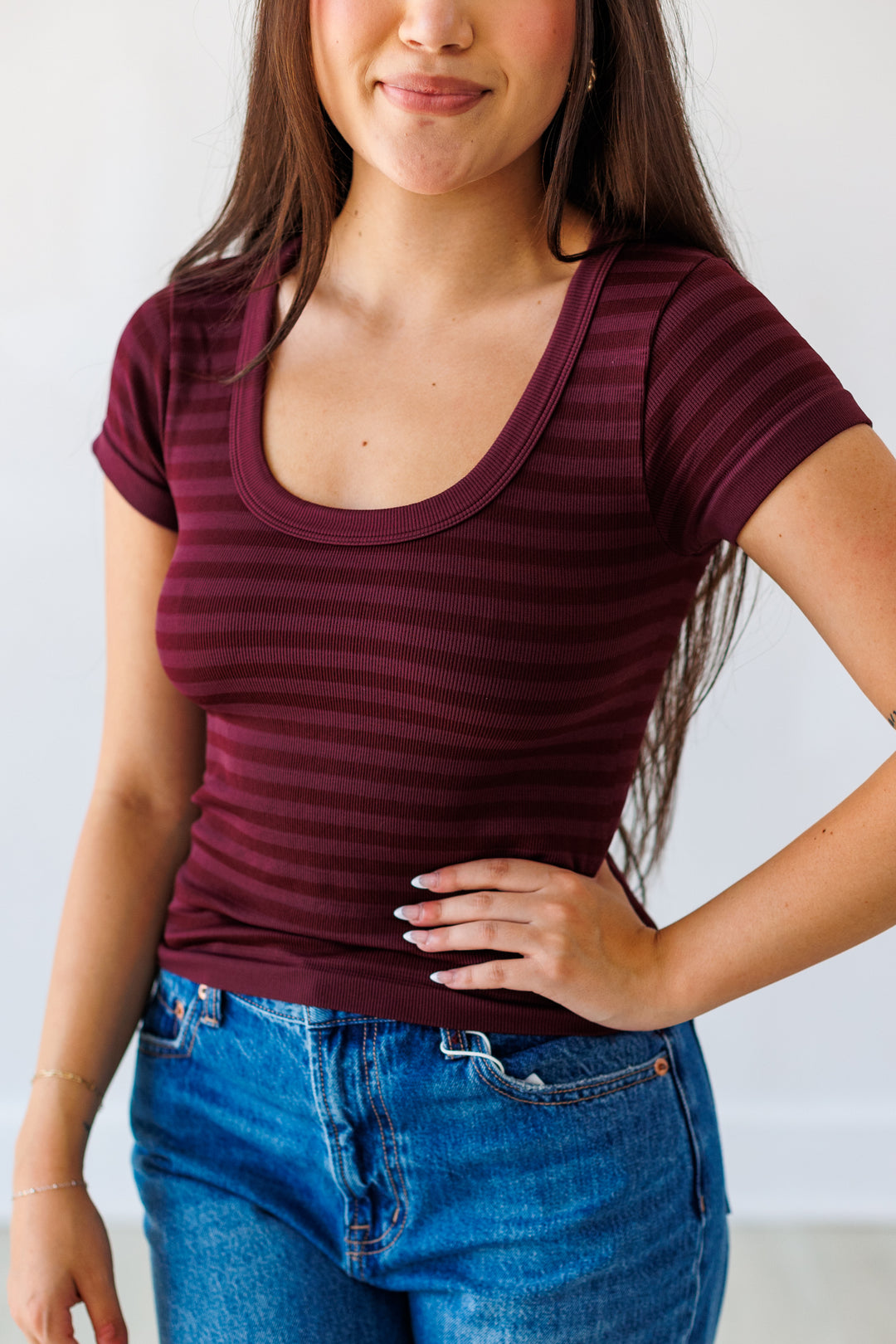NIKIBIKI: STRIPED SCOOP NECK TOP- RAISIN