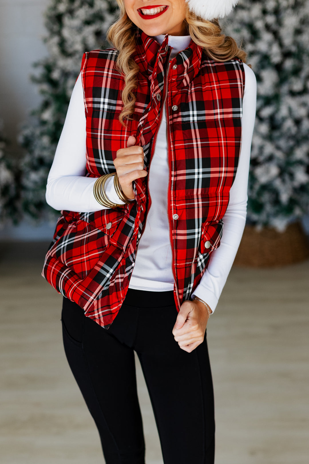 RED PLAID PUFFER VEST