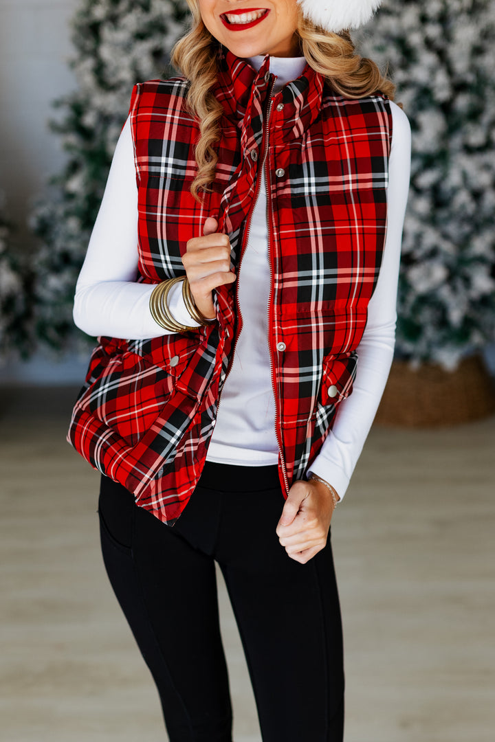 RED PLAID PUFFER VEST