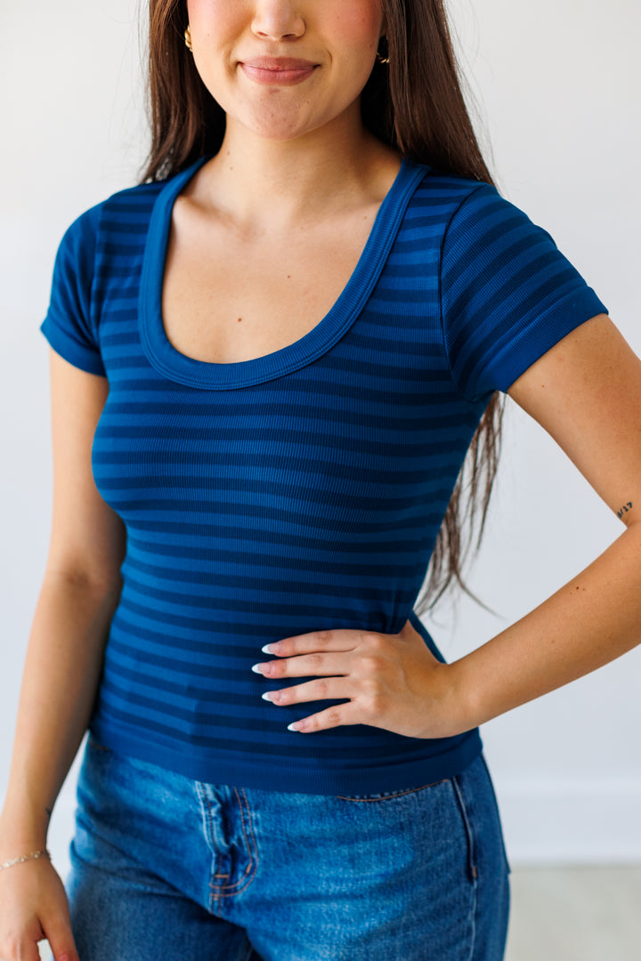 NIKIBIKI: STRIPED SCOOP NECK TOP- DEEP SEA BLUE