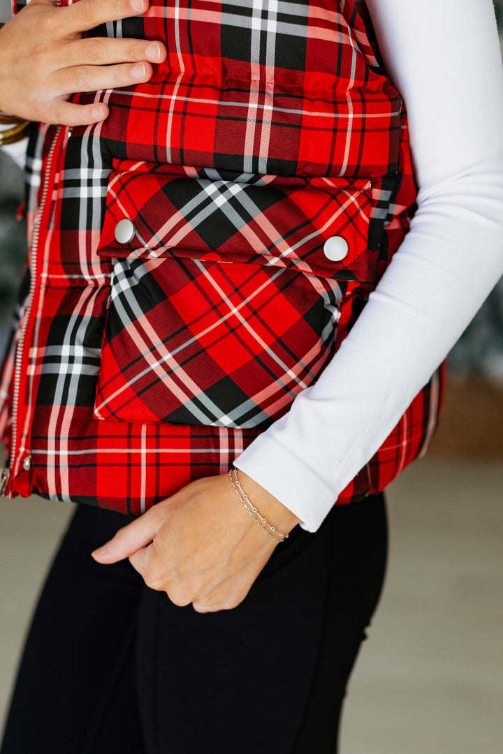 RED PLAID PUFFER VEST