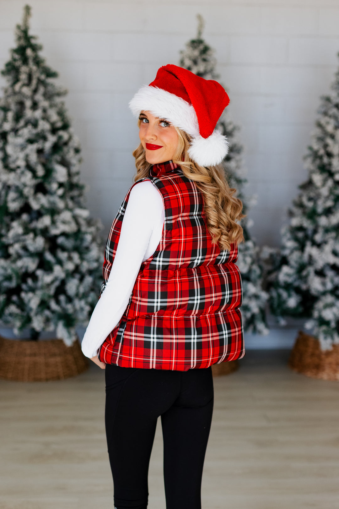 RED PLAID PUFFER VEST