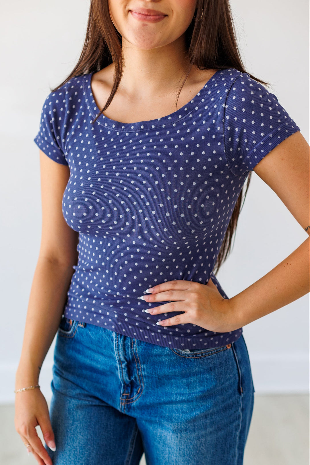 NIKIBIKI: REVERSIBLE POLKA DOT TOP- CROWN BLUE