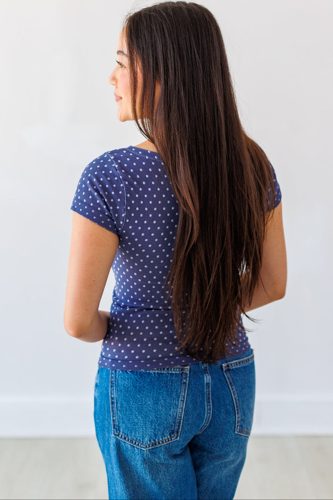 NIKIBIKI: REVERSIBLE POLKA DOT TOP- CROWN BLUE