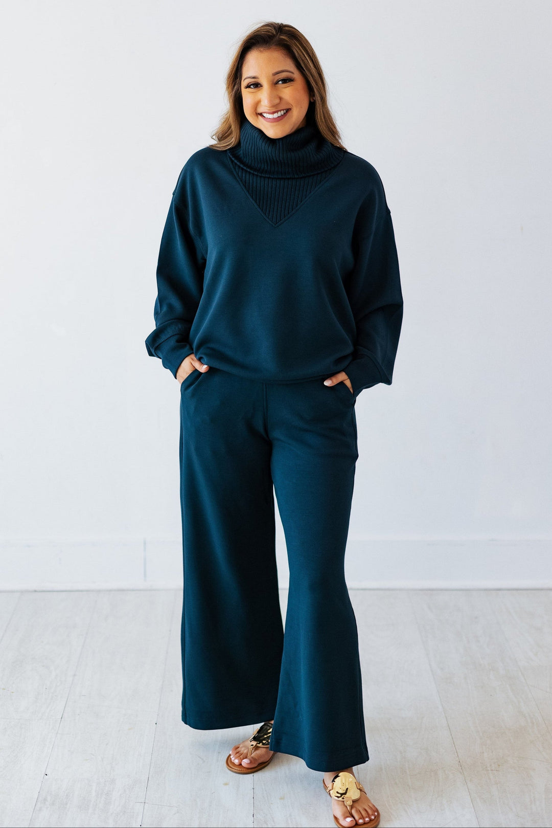 CROPPED WIDE LOUNGE PANT- TEAL NAVY