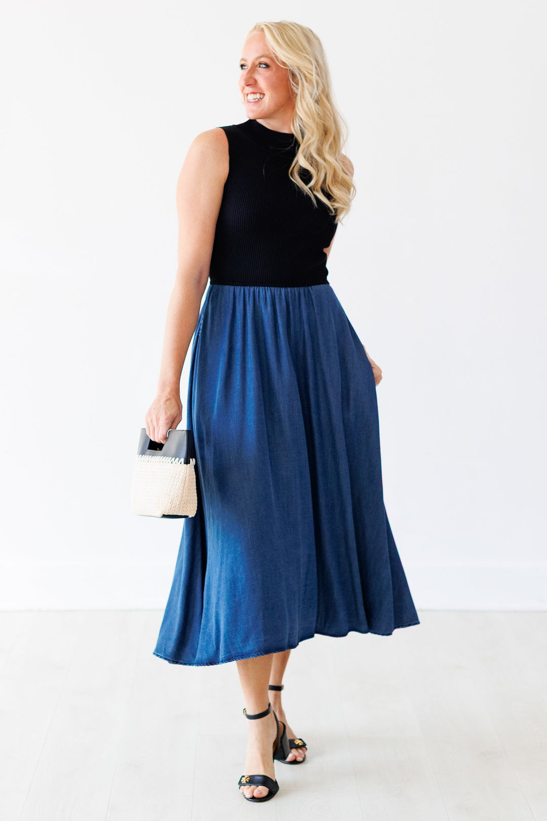 DENIM COMBO MOCK NECK MAXI