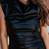 DATE NIGHT COWL NECK FAUX LEATHER DRESS