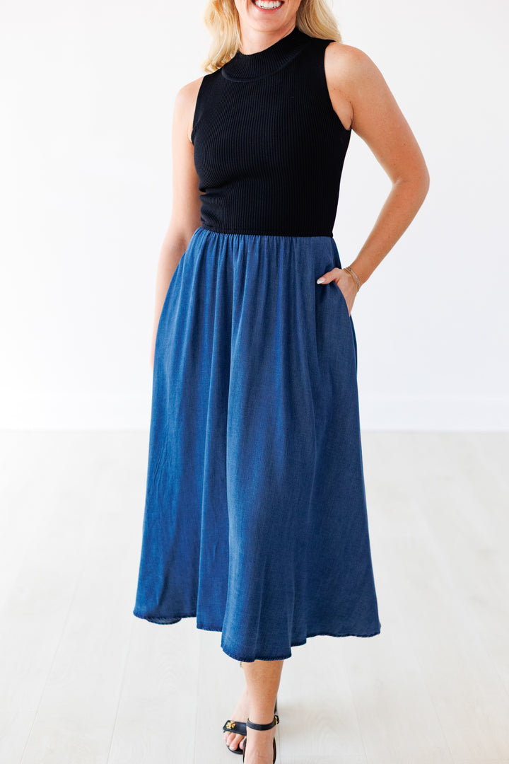DENIM COMBO MOCK NECK MAXI