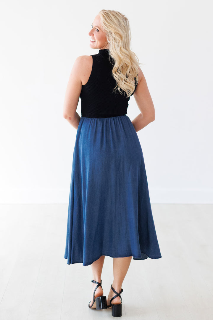 DENIM COMBO MOCK NECK MAXI