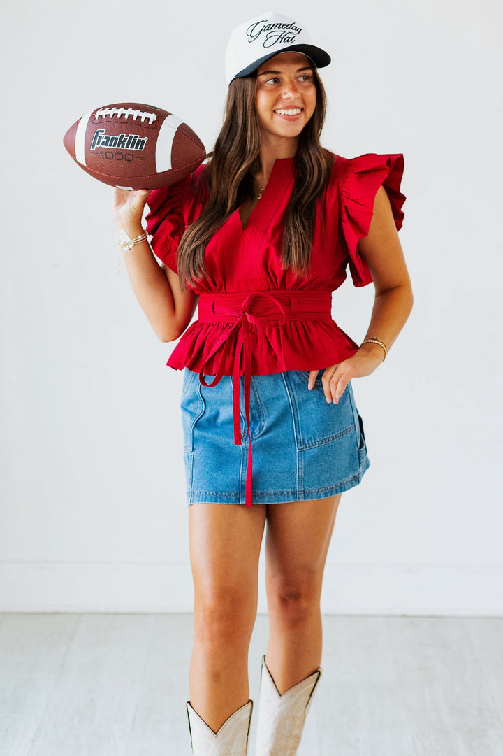 BURGUNDY PEPLUM POPLIN TOP