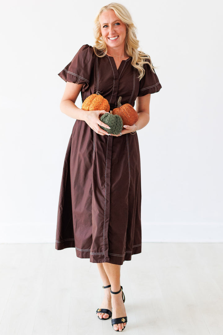 BROWN ELEVATED ELEGANCE MIDI DRESS