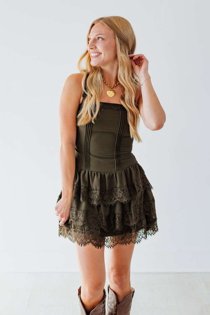 OLIVE LACE TRIM MINI DRESS