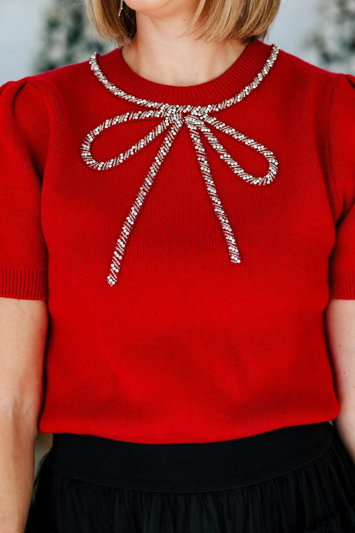 JEWEL EMBELLISHED BOW SWEATER- RED