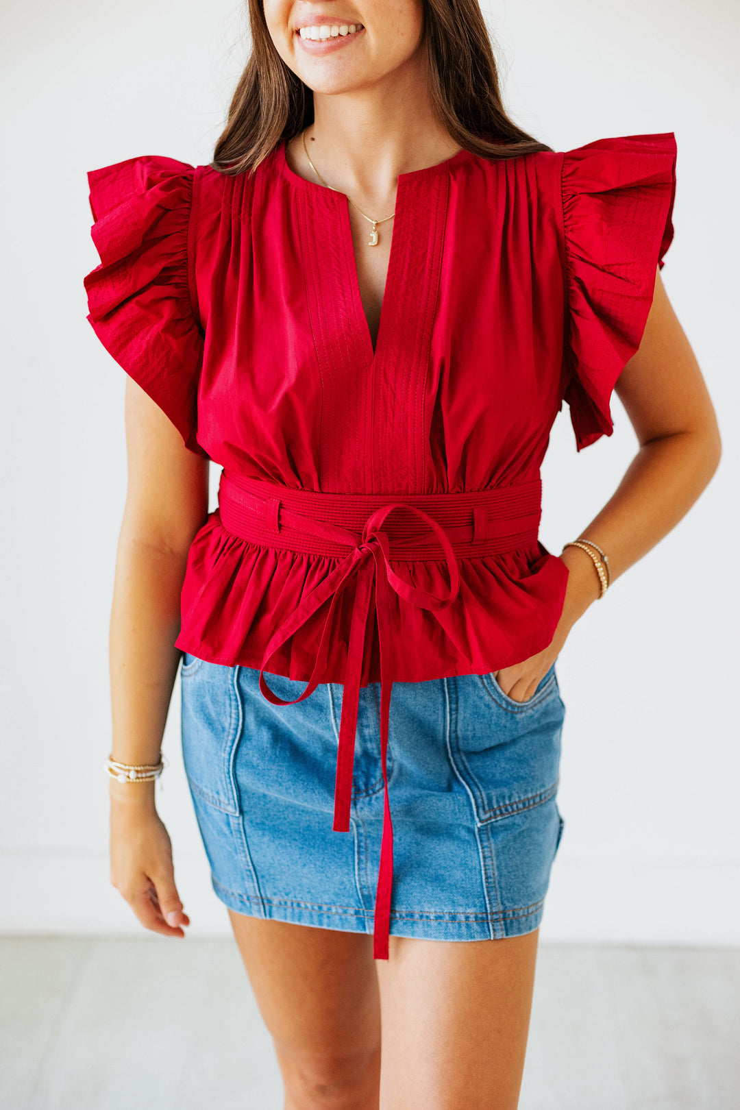 BURGUNDY PEPLUM POPLIN TOP