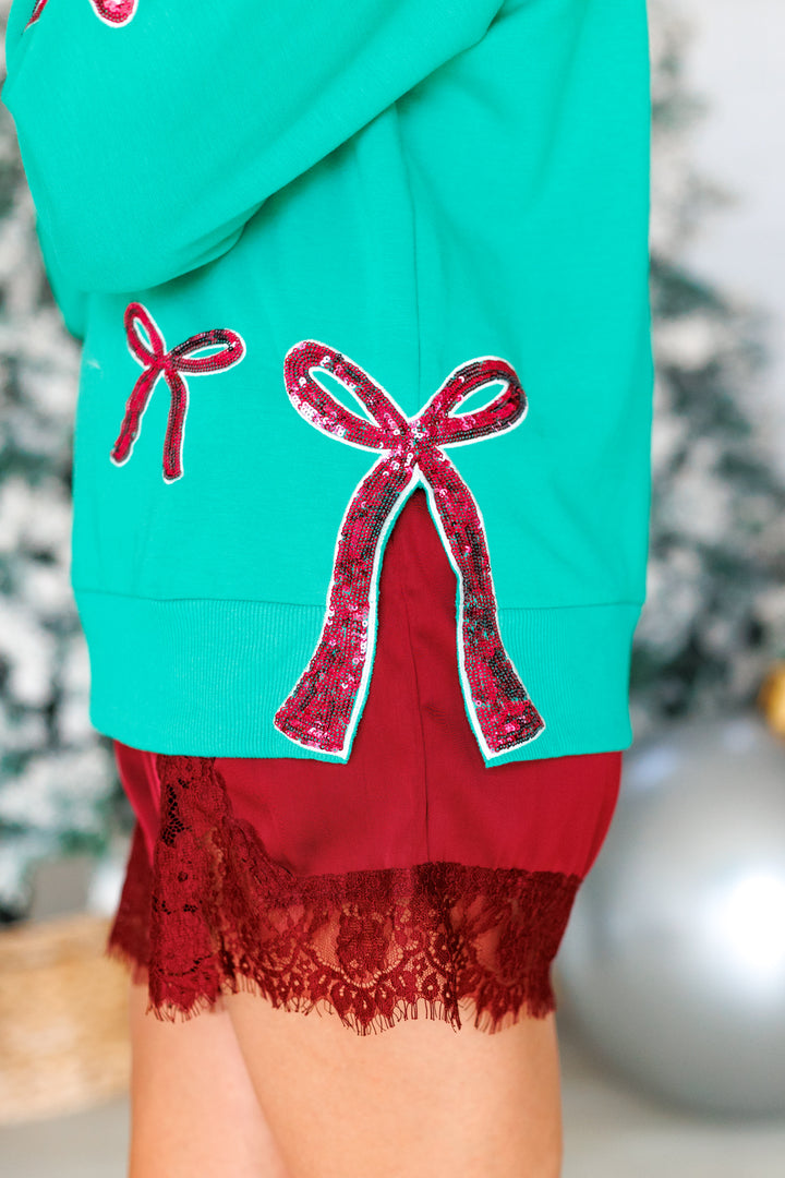 KELLY GREEN SEQUIN BOWS SWEATSHIRT