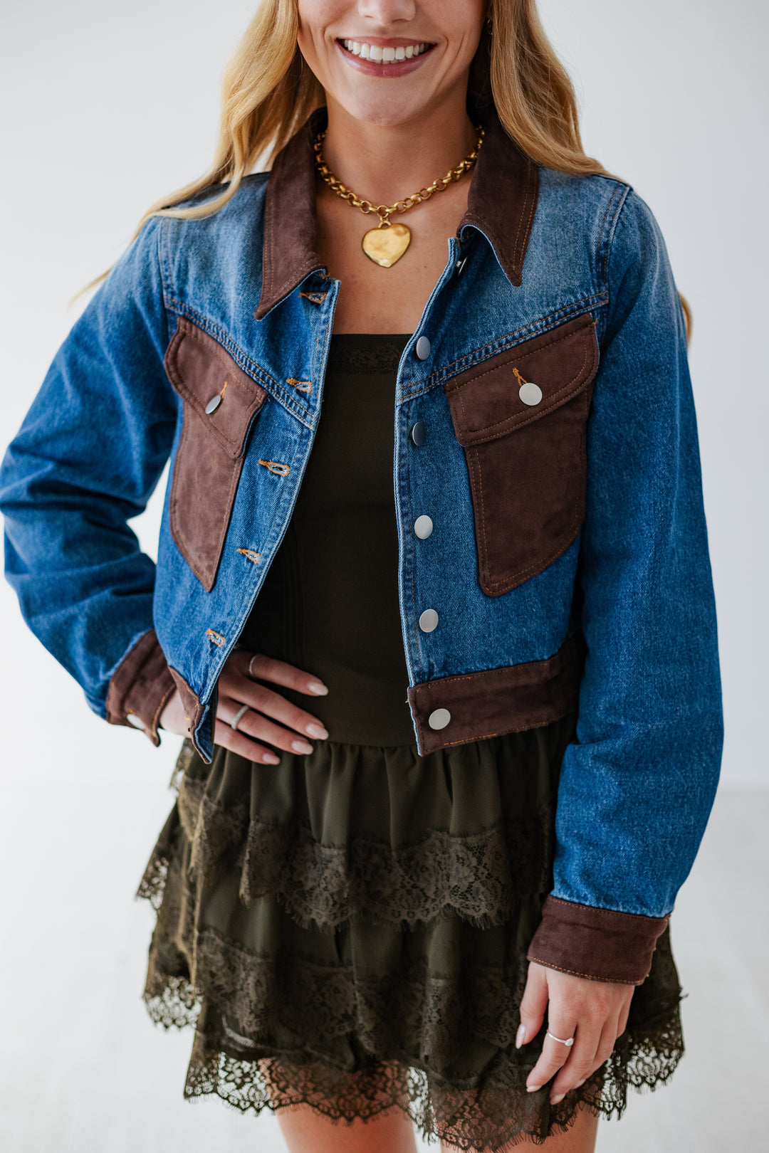 CHOCOLATE SUEDE DETAIL DENIM JACKET