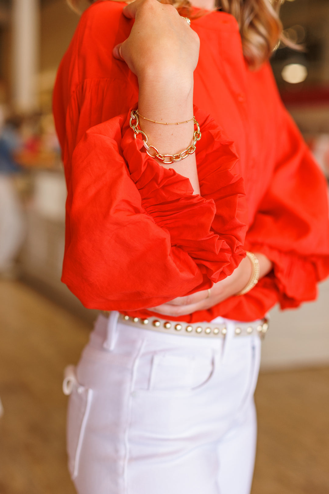 CHERRY RED PUFF SLEEVE BLOUSE