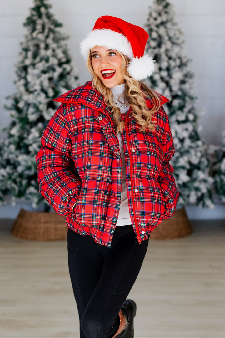 HOLIDAY RED PLAID PUFFER JACKET